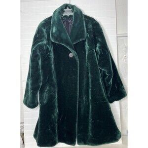 Vintage Emerald Green Faux Fur Swing Coat 1960's 70s Lined Pockets XL